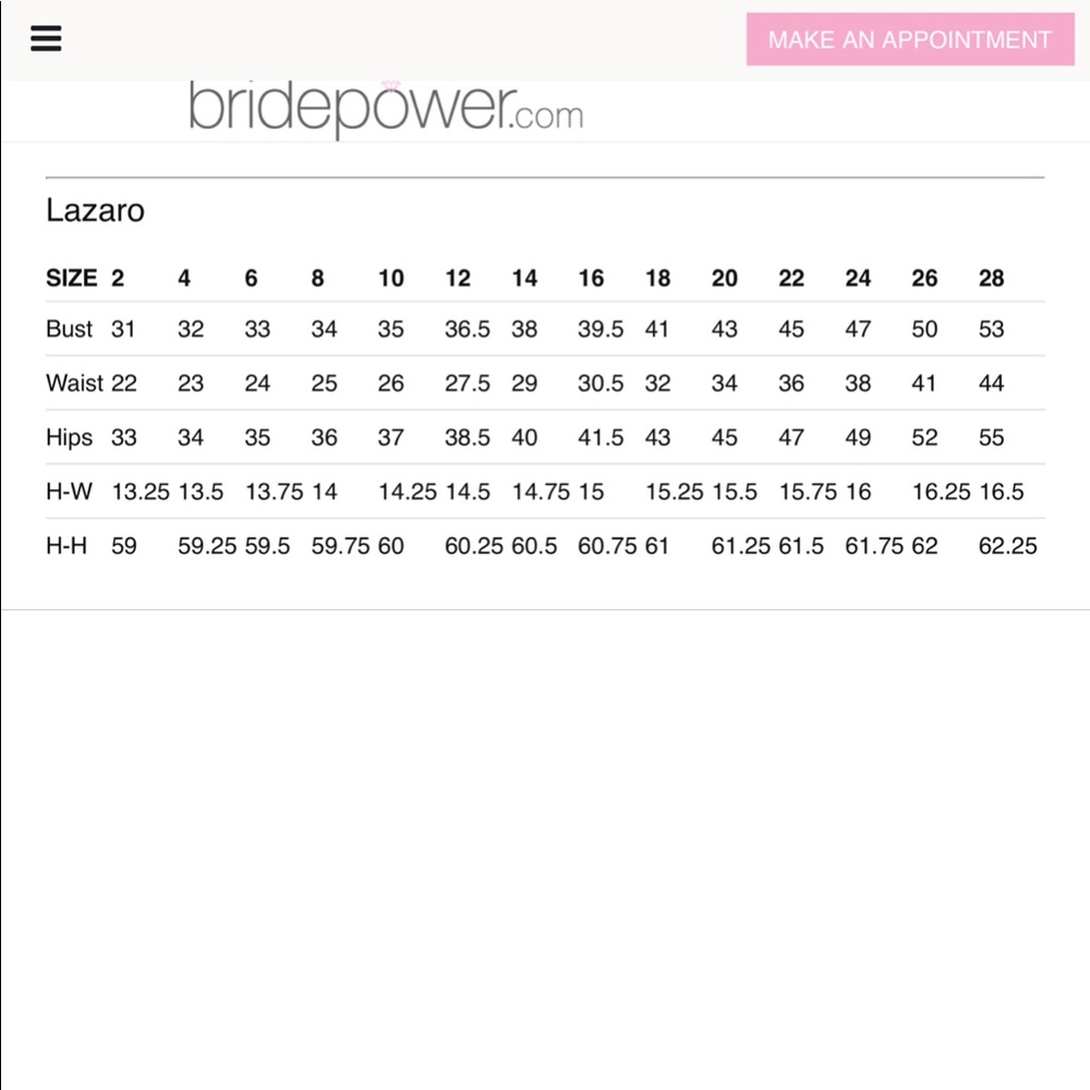 Lazaro Size Chart
